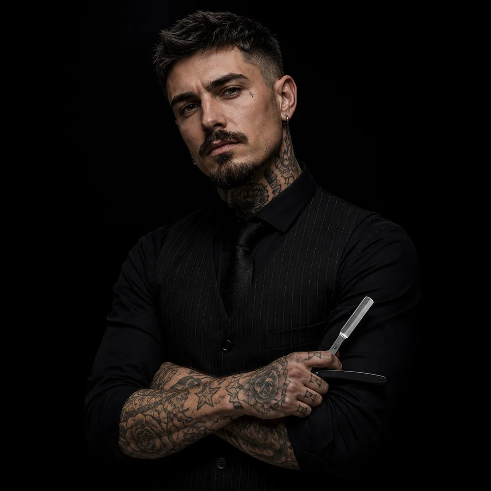 Retrato editorial de barbeiro com navalha